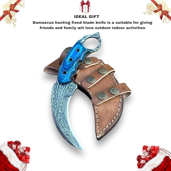 Handmade Damascus Steel Hunting Knife with Sheath | 7.5'’ EDC Fixed Blade Knives For Men and Women Demasticus Camping Survival Belt Knifes For Horizontal Carry with Blue Wood