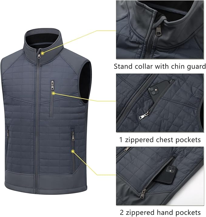 Vcansion Men's Lightweight Fleece Lined Puffer Vest Softshell Outerwear Sleeveless Jacket for Hiking Travel Golf