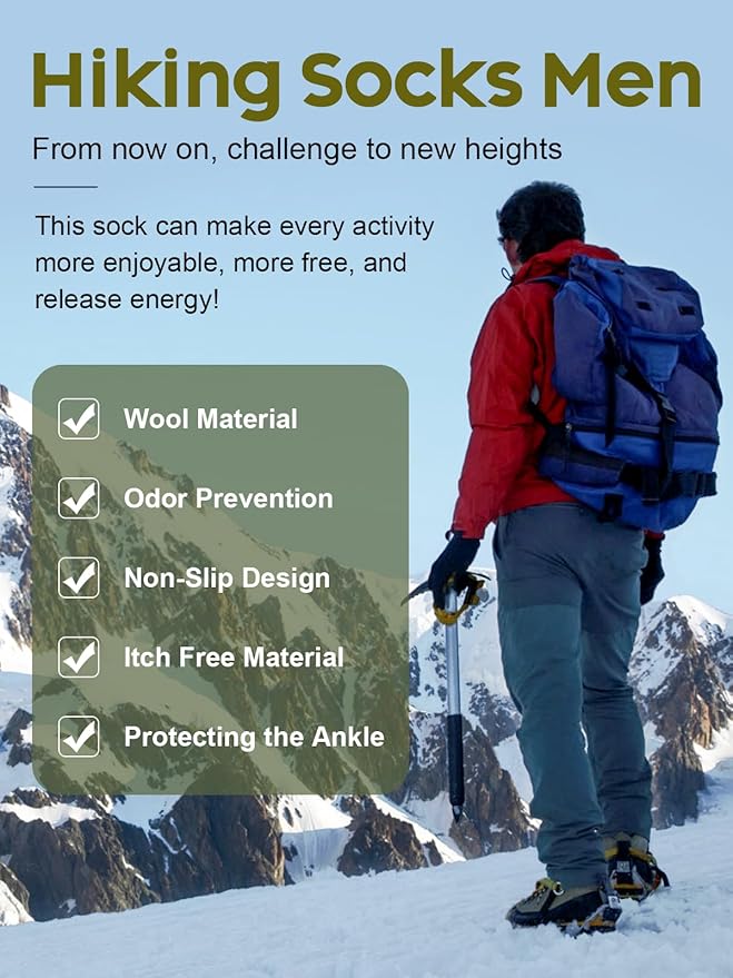 Senker Fashion Merino Wool Hiking Socks for Men, Warm Crew Socks W/Cushion Moisture Wicking for Trekking Work Outdoor