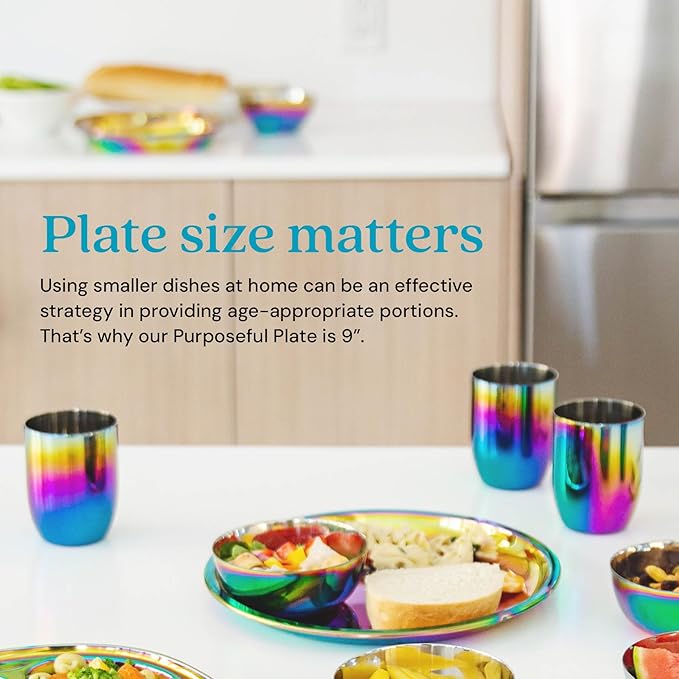 Ahimsa Stainless Steel Plates for Kids - 9" Round Rainbow Toddler Plates, Non Toxic Plate, BPA Free & Dishwasher Safe (Set of 4)