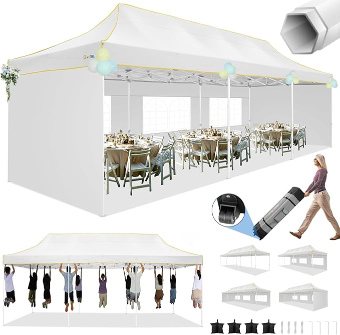 HOTEEL Tents for Parties 10x30 Heavy Duty Pop Up Canopy Tent with 5 Sidewalls&Wheeled Bag, Commercial Event Party Tent Wedding Instant Canopy Waterproof, UV 50+, Upgraded Thicked Hexagonal Legs, White
