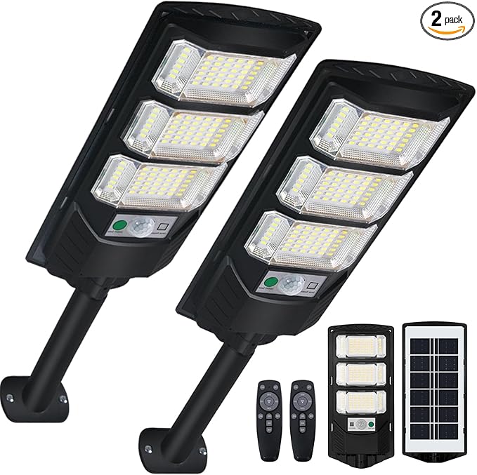 Solar Outdoor Light 2 Pack, 144 LED 6500K Dusk to Dawn Solar Powered Street Light IP65 Waterproof Motion Sensor Security Flood Light with Remote Control Smart Light for Patio Barn Yard Garage