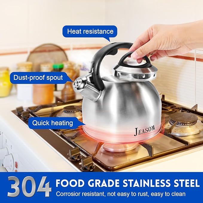 Tea Kettle Stovetop - Food Grade Stainless Steel Whistling Tea Pot with Ergonomic Handle, Unique Button Control Kettle Outlet, Can Be Used in the Kitchen or Camping, 3.1 Q/3L