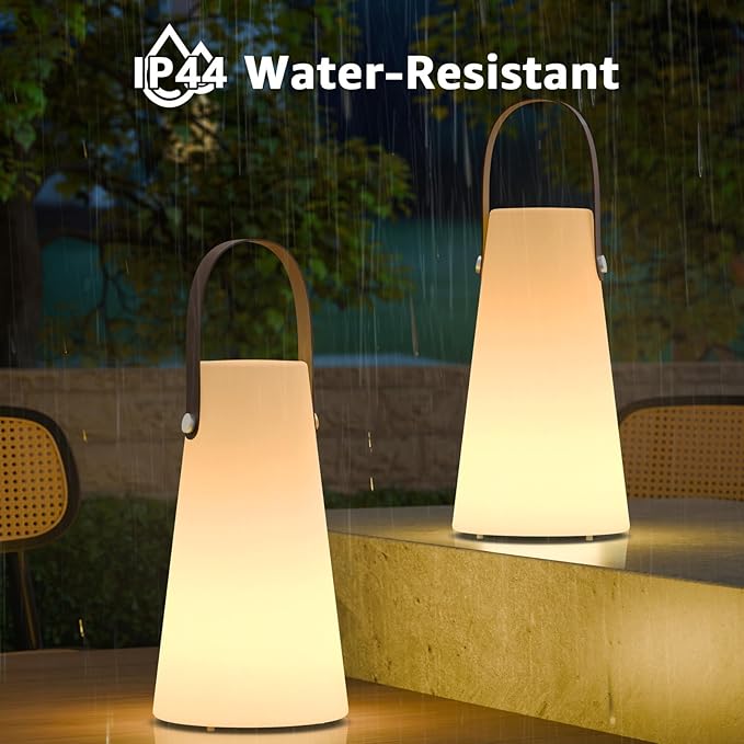 2 Pack Outdoor Lanterns, GGII Rechargeable Lantern with IP44 Water-Resistant, Portable Cordless Outdoor Table Lamp RGB Colors for Patio Garden Camping Party (Leather)