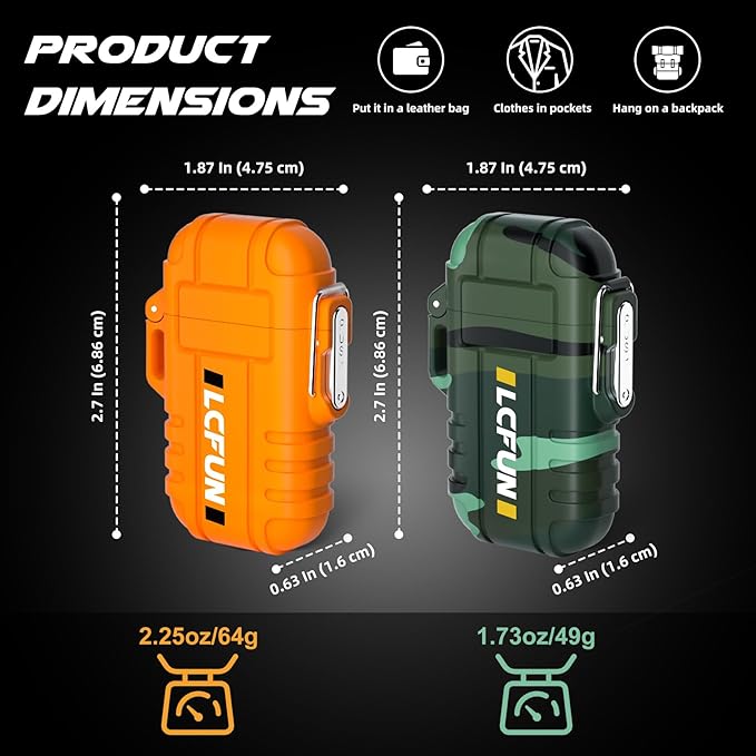 LcFun 2 Pack Waterproof Outdoor Lighter, Windproof Torch Lighters Butane Refillable, Electric Dual Arc Plasma Lighter USB Rechargeable, Tactical Survival Gear Gadgets for Men for Camping, Hiking