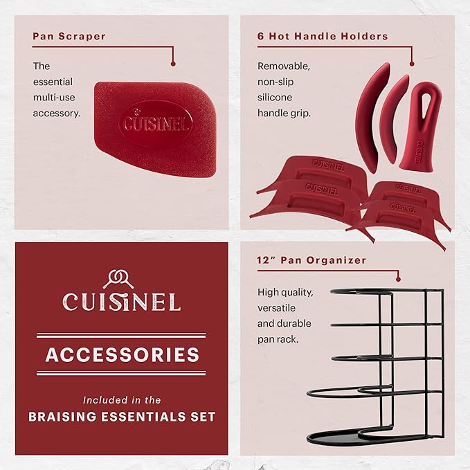 Cuisinel Cast Iron 16-Piece Pre-Seasoned Cookware Set - 8" + 12" Braiser Pans + Cast Iron Lids + 10" Skillet + 2-in-1 Multi-Cooker + 12" Organizer + Scraper + Silicone Handle Covers - Fire or Oven Use