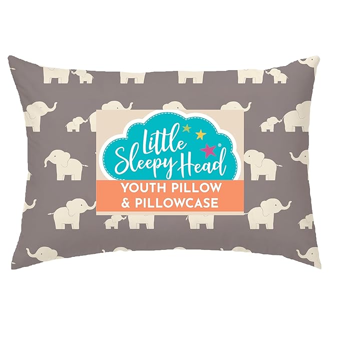 Little Sleepy Head Youth Pillow with Pillowcase 16x22, Soft Jumbo Toddler Pillow & Hypoallergenic Pillowcase - Best Kids Pillows for Sleeping, Perfect Kids Travel Pillow (Elephants Gray)