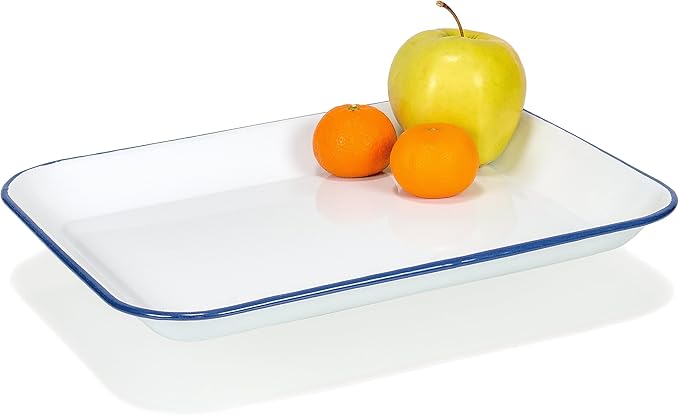 Red Co. 13.5” x 10” Enamelware Metal Classic 1.6-Quart Rectangular Serving Tray, Solid White/Navy Blue Rim