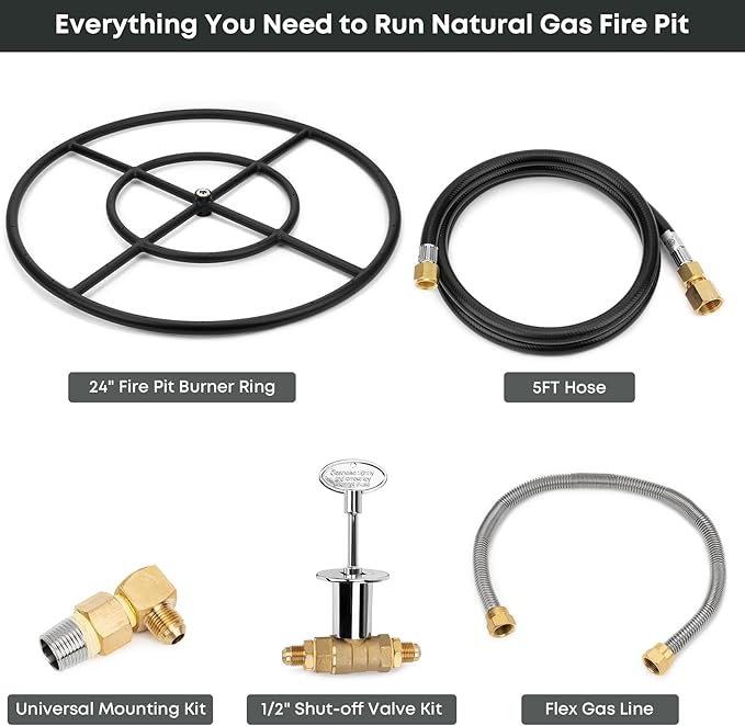 Stanbroil Natural Gas Fire Pit Burner Ring Installation Kit, Black Steel, 24-inch