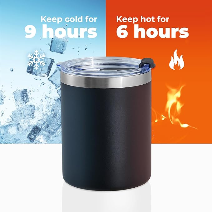 MEWAY 12 oz Lowball, Tumbler Stainless Steel Double Wall Vacuum Insulated Mug with Straw and Lid, Cleaning Brush ,Durable Powder Coated Insulated Coffee Cup for Cold & Hot Drinks (Black, 12 pack)