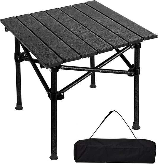 SHANQUAN Folding Camping Table, 27.6 × 27.6 Inches Portable Camp Table Aluminum Fold Up Lightweight Roll Up Table with Carry Bag Indoor Outdoor for Camping, Picnic, Backyard, BBQ, Patio, Black