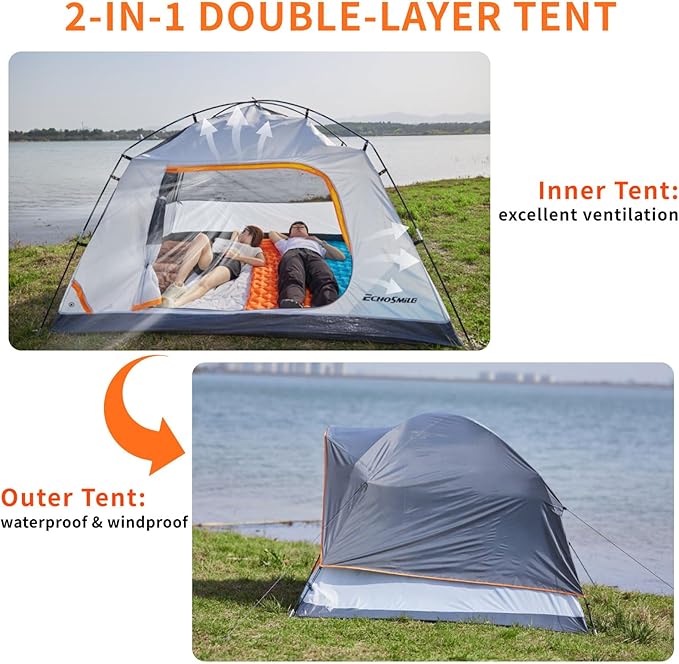 EchoSmile 2/4 Person Camping Tent, Lightweight Dome Family Tent with Rainfly, Easy Setup, Waterproof & Windproof Outdoor Shelter for Group Hiking, Backpacking, 3-Season Use