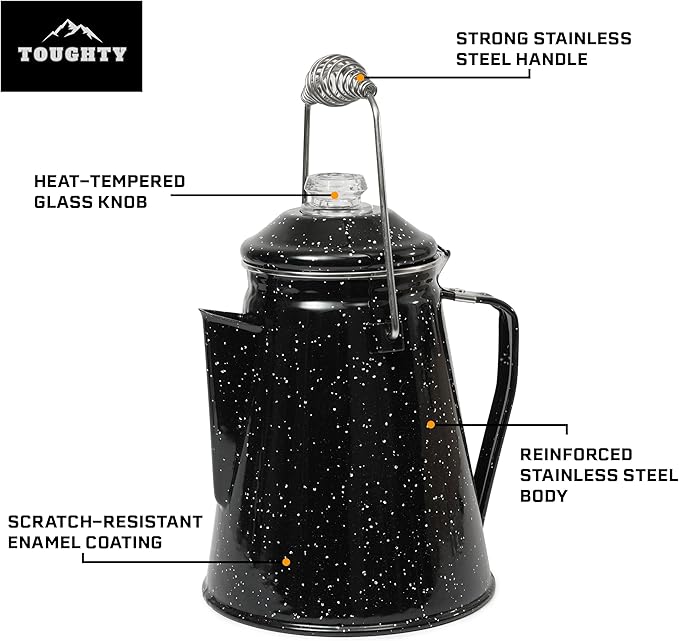 Toughty Classic Percolator Coffee Pot with 4 Enamel Mugs and Stainless Steel Filter - Original Camping Coffee Pot, Now Modernized – For Campsite Brewmasters