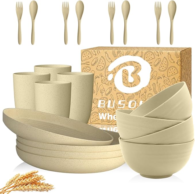 Wheat Straw Dinnerware Sets for 4 | Unbreakable Toddler Plates and Bowls Sets 20 PCS, Kids Dinner Plates, Cups, Microwave Safe Plastic Dishes Set for Kitchen, Dorm, Camping (Beige)