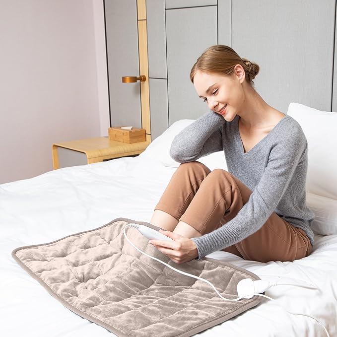 Ambershine 17''x33'' Weighted Heating Pad, 5.2lbs with 12 Temperature Settings & 4 Auto-Off Timers, Pain Relief for Back/Neck/Shoulders/Abdomen/Legs, Christmas Gifts for Mom Dad Women Men(Light Tan)
