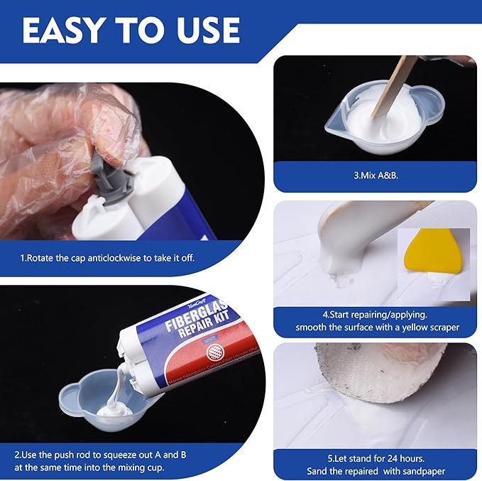 Marine Fiberglass Boat Repair Kit, 100ml Gel Coat Repair Kit for Boats, Fiberglass Repair Kit for Boats, Epoxy Resin Glue Filler Fix Scratch, Crack, Hole, Pit, Suitable for Porcelain Acrylic(White)