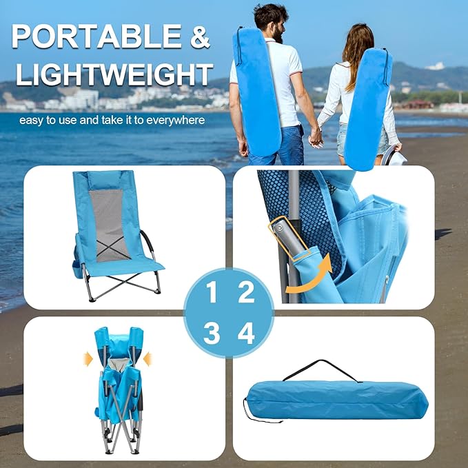 BESTHLS Low Beach Chairs for Adults 2 Pack, High Back Folding Sand Chairs for Beach, with Cup Holder & Carry Bag Lightweight and Portable for Outdoor, Camping, Lawn, Music Festival
