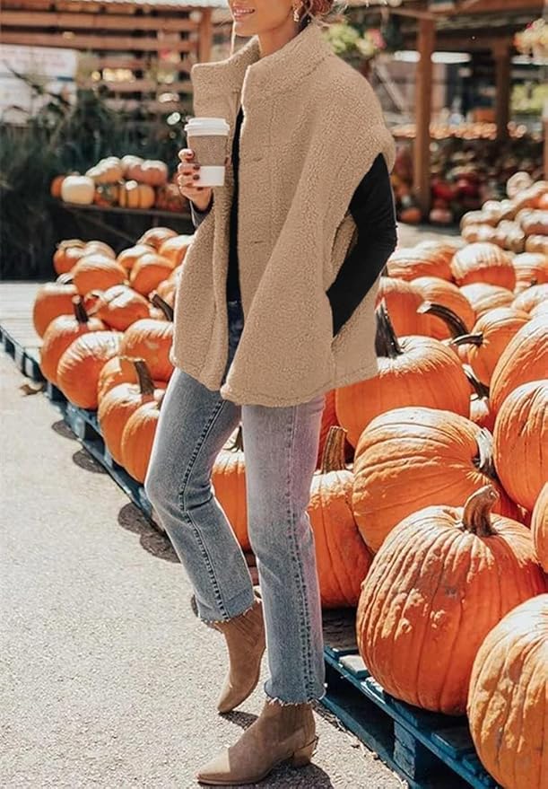 Hongqizo Womens Fuzzy Fleece Vest Casual Oversized Warm Button Down Sherpa Vest Jacket with Pockets