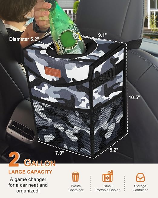 Car Trash Can with Lid, Cute Leakproof Car Trash Garbage Bag Hanging Vehicle Trash Bin Small Portable Automotive Garbage Cans Organizer for Back/Front Seat/Console(Trapezoid,Camo Grey)