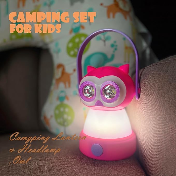 Kids Owl Lantern & Headlamp Set, 2-in-1 360ยฐ LED Camping Night Light, Battery Powered 3รAA, Child-Safe ABS, Portable Adventure Toy & Bedroom Night-Light (Pink Owl Lantern-Headlmp)