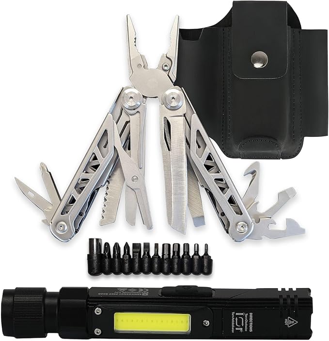EPG Heavy Duty Multitool Bundle: Leather Case, Multi-Function Flashlight, Screwdriver Bits, 18 Stainless Steel Locking Tools, EDC Gear with Pliers, Bottle Opener, Box Cutter and More, Fits in Pocket