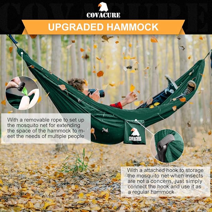 Covacure Camping Hammock - Lightweight Double Hammock, Hold Up to 772lbs, Portable Hammocks for Indoor, Outdoor, Hiking, Camping, Backpacking, Travel, Backyard, Beach(Dark Green)