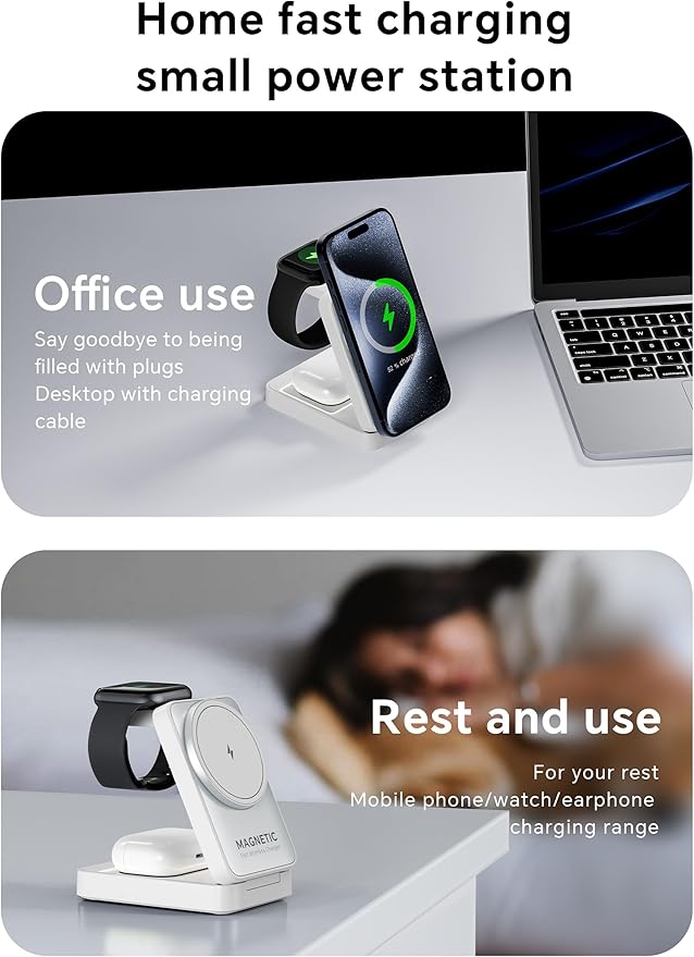 2025 Upgraded 3-in-1 Wireless Charger for iPhone,Travel Magnetic Charger Stand Nightlight Foldable Wireless Charging Station Compatible with Magsafe Charger&iPhone 16/15/14/13/12,Apple Watch&AirPods