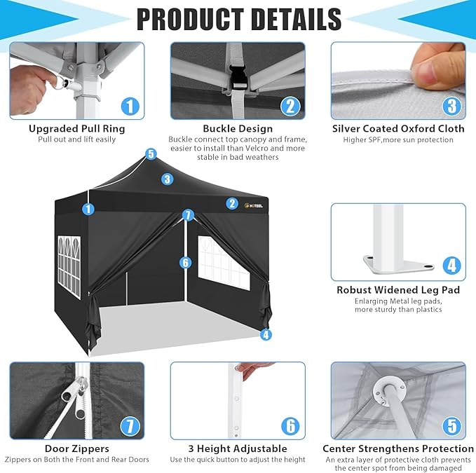 HOTEEL Canopy Tent 10x10 Heavy Duty Pop Up Canopy with Sidewalls, Commercial Instant Waterproof Tent for Vender Patio, UV 50+ with Silver Coated, Upgraded Thickened Hexagonal Legs, Black
