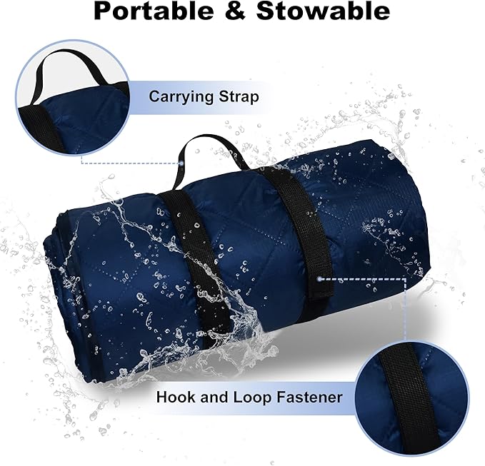 Waterproof Outdoor Blanket 82”X 55” Packable, Stadium Blankets for Camping with Quilted Fleece Lining, Large Windproof Emergency Throw Mat for Garss Picnic Hiking Road Trip, Machine Washable, Navy