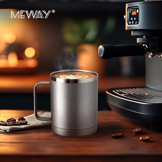 MEWAY 12oz Coffee Mug With Handle 2 Pack Bulk,Stainless Steel Insulated Travel Tumblers With Sliding Lid,Double Wall Vacuum Camping Cup for Hot & Cold Drinks Tea (Cold Grey,Set of 2)