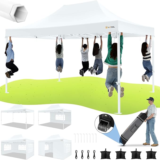 HOTEEL Canopy Tent 10x15 Heavy Duty Pop Up Canopy with Sidewalls, Party Tent with Roller Bag for Event Wedding, Upgraded Commercial Waterproof Instant Canopy, Thick Hexagonal Legs, UPF50+, White
