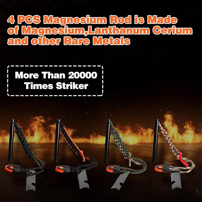 4 Pack Ferro Rod Fire Starter Flint Fire Starter Survival Tool Flint and Steel Fire Starter Kit 6-in-1, Portable Ferro Rod Striker with Paracord Handlead for Campfires Survival Emergency Kit