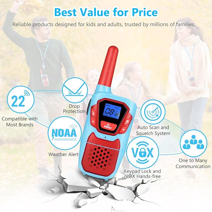 Walkie Talkies for Kids Rechargeable Walkie-Talkie for Adults Long Range Pink 2 Way Radio 2 Pack with Lanyard Battery 4 Miles NOAA USB, Family Toy for 3-12 Year Old Girls Boys Toddlers Camping