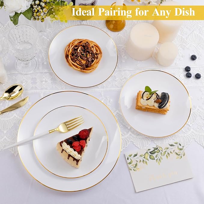 100PCS White Plastic Plates with Gold Rim, White Gold Disposable Plates for Party, Wedding, Include 50 Dinner Plates, 50 Dessert Plates for 50 Guests
