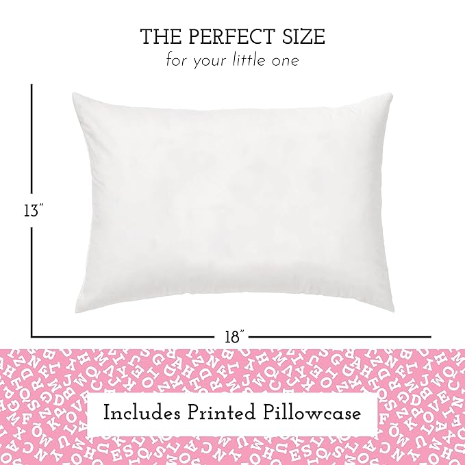 Little Sleepy Head Toddler Pillow with Pillowcase 13x18 - Kids Pillow for Sleeping - Better Neck Support Ergonomic Pillow and Toddler Pillowcase - Best Pillows for Kids (Alphabet Pink)