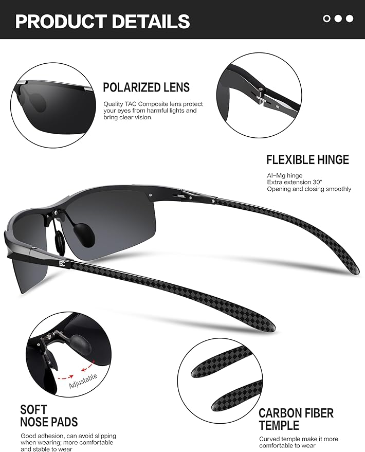 BIRCEN Polarized Carbon-Fiber Sunglasses for Men: Ultralight UV Protection Sun Glasses for Outdoor Sports Fishing Golf Hiking