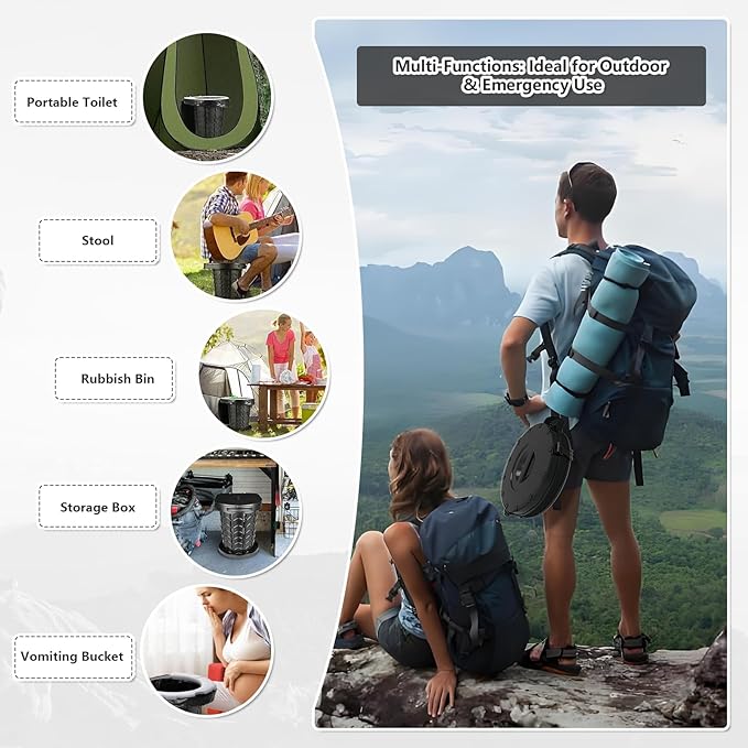 Camping Toilet Retractable Portable for Adults Kids, Adjustable Height Potty with Lid Foldable Design for Hiking, Car Travel, Truck, RV, Boating, Road Trips, Beach (Black)
