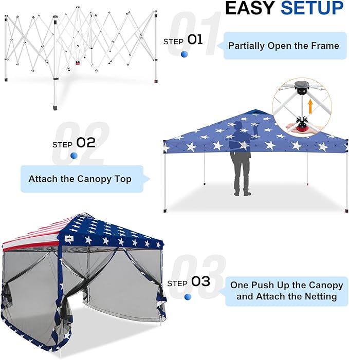 EAGLE PEAK 10x10 Outdoor Easy Pop up Canopy with Netting, Instant Screen Party Tent with Mesh Side Walls, American Flag