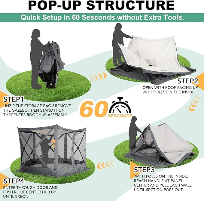 COBIZI 10x10 Pop up Gazebo Screen House Tent for Camping, Pop-up Camping Canopy with Mesh Windows,Portable Outdoor Quick-Set Hub Tent with Carrying Bag&Ground Stakes,Gray(Upgraded 2.0)