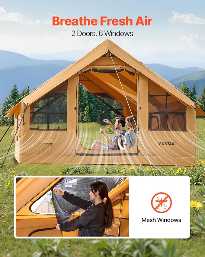 VEVOR Inflatable Tents for Camping, Easy Setup Blow up Tent with Hand Pump, 4 Season Glamping Tent with Stove Jack, Doors & Mesh Windows, Storage Bag Included for Easy Taking