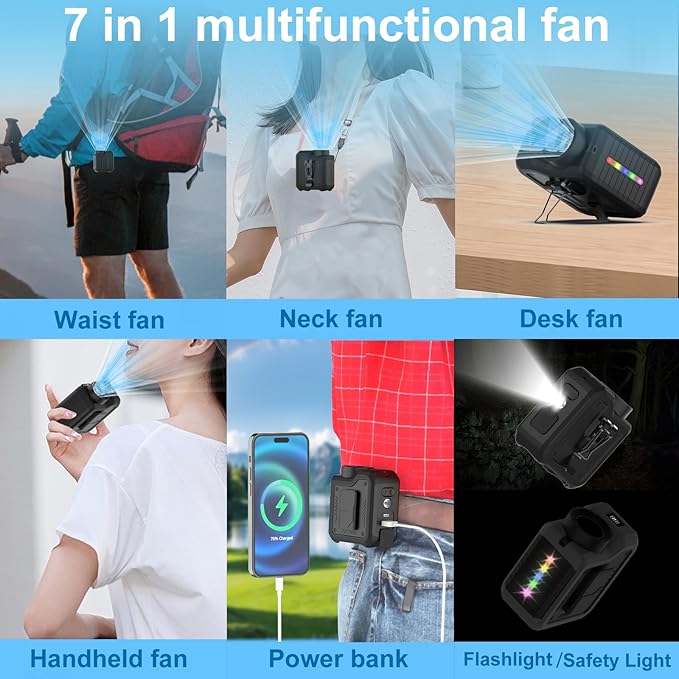 7-in-1 Multi-Use Portable Fan Hands Free Flashlight Etc,Christmas Gifts for Men Women,Turbo Powerful Cooling Personal Fan,10000mAh,24H Lasting,LED Display,Outdoor Travel Camping Fitness Gift (Black)