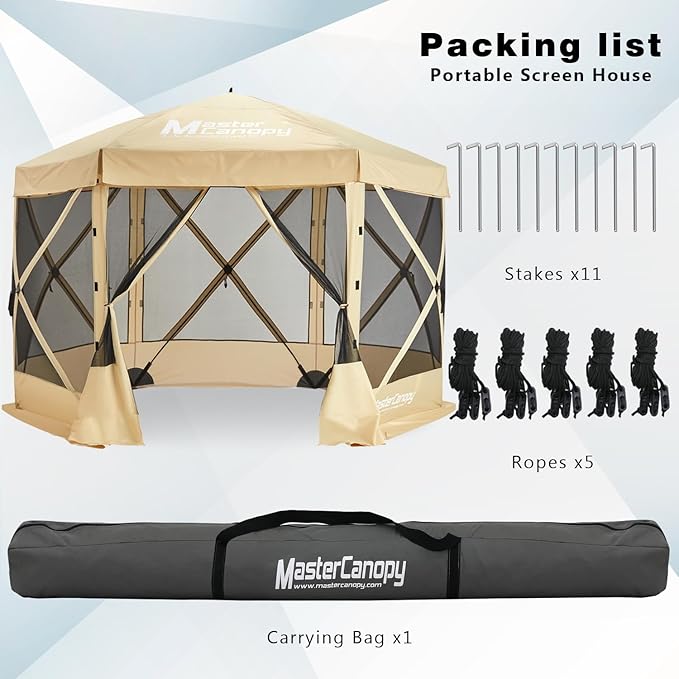 MASTERCANOPY 10x10FT Pop Up Gazebo Screen Tent - Instant Screen House with Netting, Quick Set, Outdoor Canopy Shelter with Carry Bag for Camping, Backyard & Patio (Beige)