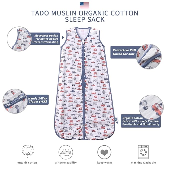 Baby Sleep Sack 12-24 M Baby Wearable Blanket 100% Organic Cotton 0.5 TOG Toddler Sleep Sack 2-Way Zipper Soft Large 4 Layers 1-2 T Car