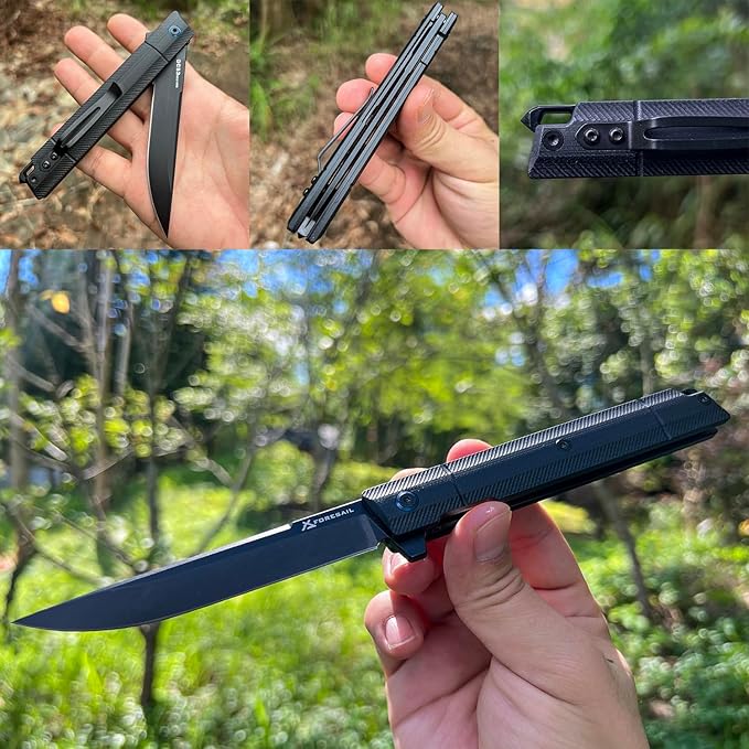 Flipper Pocket Folding Knife,DC53 Steel Blade and G10 Handle. With pocket clip and glass breaker,men's pocket knife hiking trip EDC tool Knife (Black PVD Blade-D)