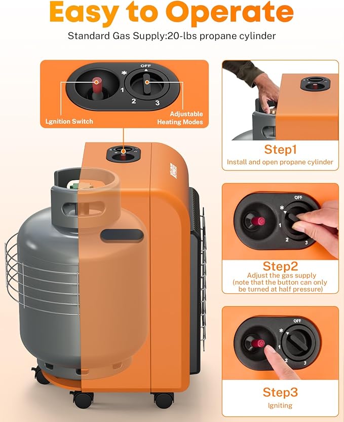 Kohree 18,000 BTU Portable Propane Heater With ODS & Tip-Over Protection, Gas Regulator & Hose for Outdoor Tank, Patio, Garage, Camping (Orange)