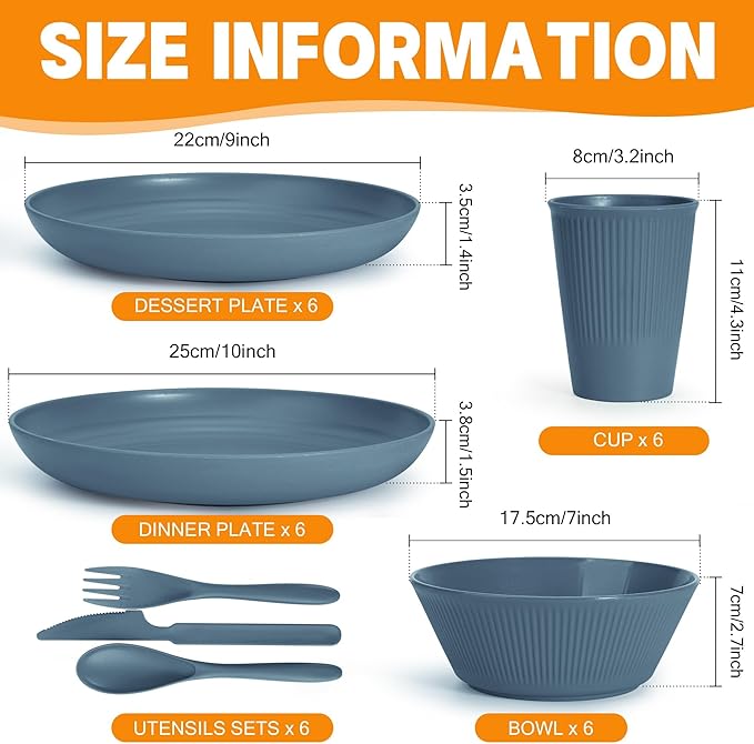 42 Pieces Kitchen Plates and Bowls Set - OAMCEG Plastic Dinner Set for 6, Plastic Wheat Straw Dinnerware Set, College Dorm Microwave Dishes, Unbreakable Plastic Outdoor Camping Dishes, Dark Blue
