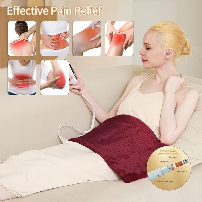 Massaging Weighted Heating Pad for Back Pain Relief,Heating Pads for Neck, Shoulder,Cramp,Portable Heated Pad with 3 Heat Settings & 6 Massage,18 Relaxing Combinations,Auto Off,12"*24",Wine Red