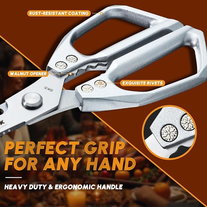 HUUSK Kitchen Scissors all Purpose - Stainless Steel Kitchen Shear, Sharp Silver Meat Scissors Dishwasher Safe, Heavy Duty Poultry Shears, Japanese Cooking Scissor for Food, Chicken Bones, and Turkey
