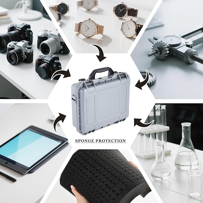 16.3 x 12.4 x 6.5 Inch Waterproof Hard Case with DIY Customizable Foam Insert Portable Protective Case with Knife for Camera Drones Equipments Tools Test Instruments (Gray)