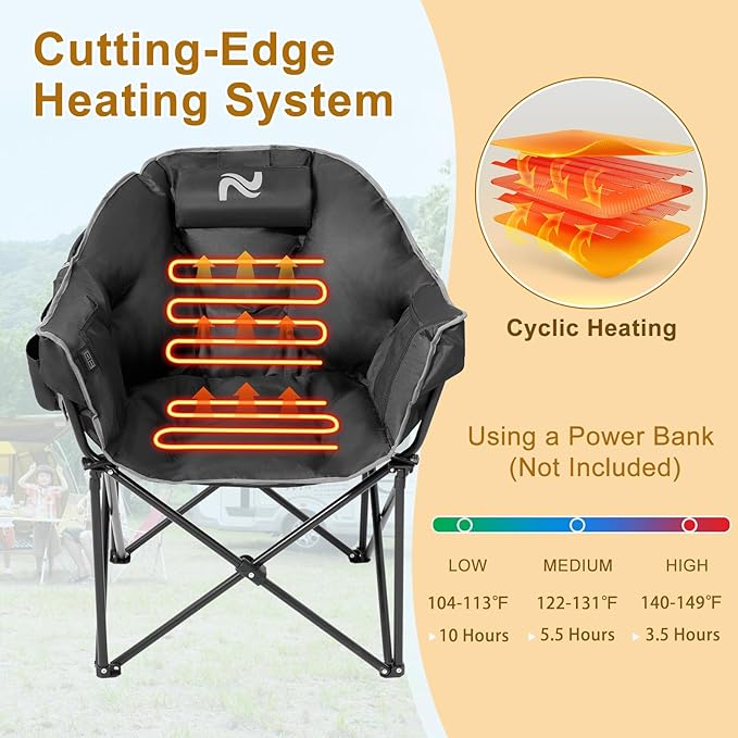 Slsy Heated Camping Chair Oversized, Outdoor Portable Heated Folding Chair, Heavy Duty 500 lbs Support, Padded Seat for Outdoor Sports, Camping, Patio, and Picnics